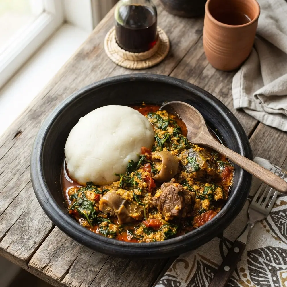 Pounded yam served with egusi soup and goat meat